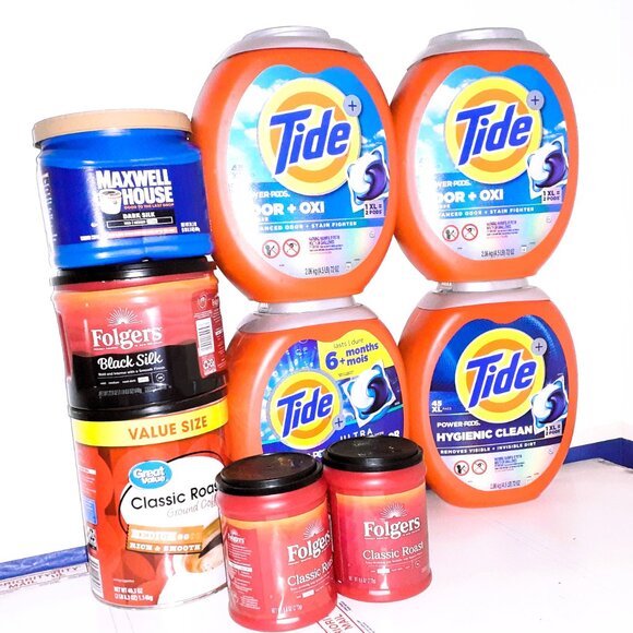 9 All empty containers - {4-Tide - 1 Maxwell House - 3 Folgers - 1 Great Value} - Picture 2 of 7